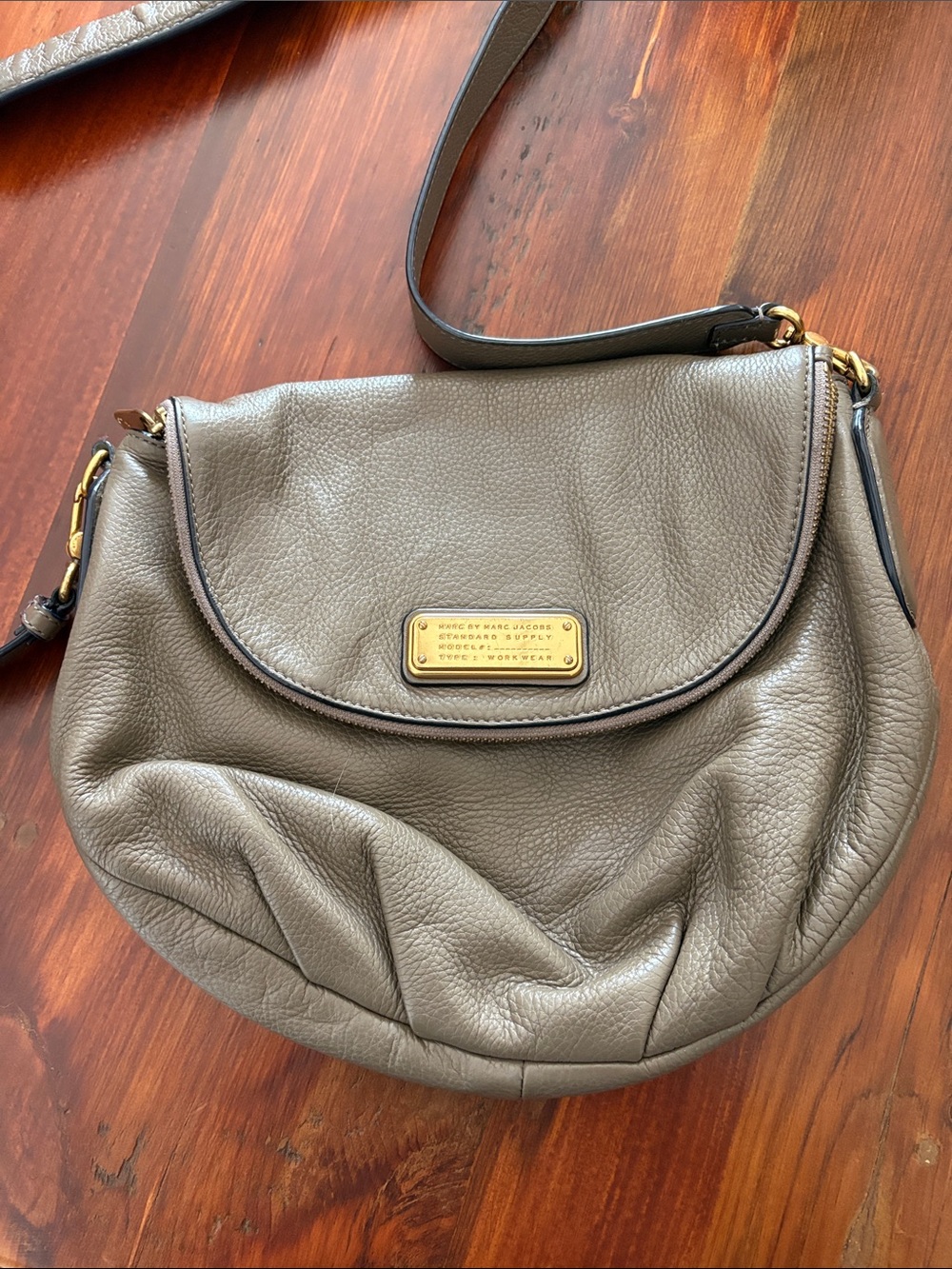 Marc Jacobs Taupe Pebbled Leather Shoulder Bag with Gold Plaque